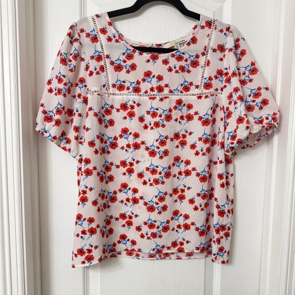 June & Hudson white red blue floral short sleeve blouse Size L